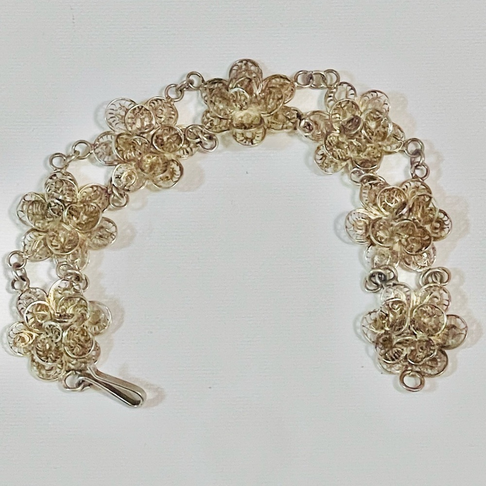 Antique? VTG? Sterling Silver Bracelet Filigree Flower Linked Sz 7 “ 18 G